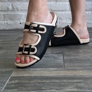 Black and Cream Women's Slide Sandals